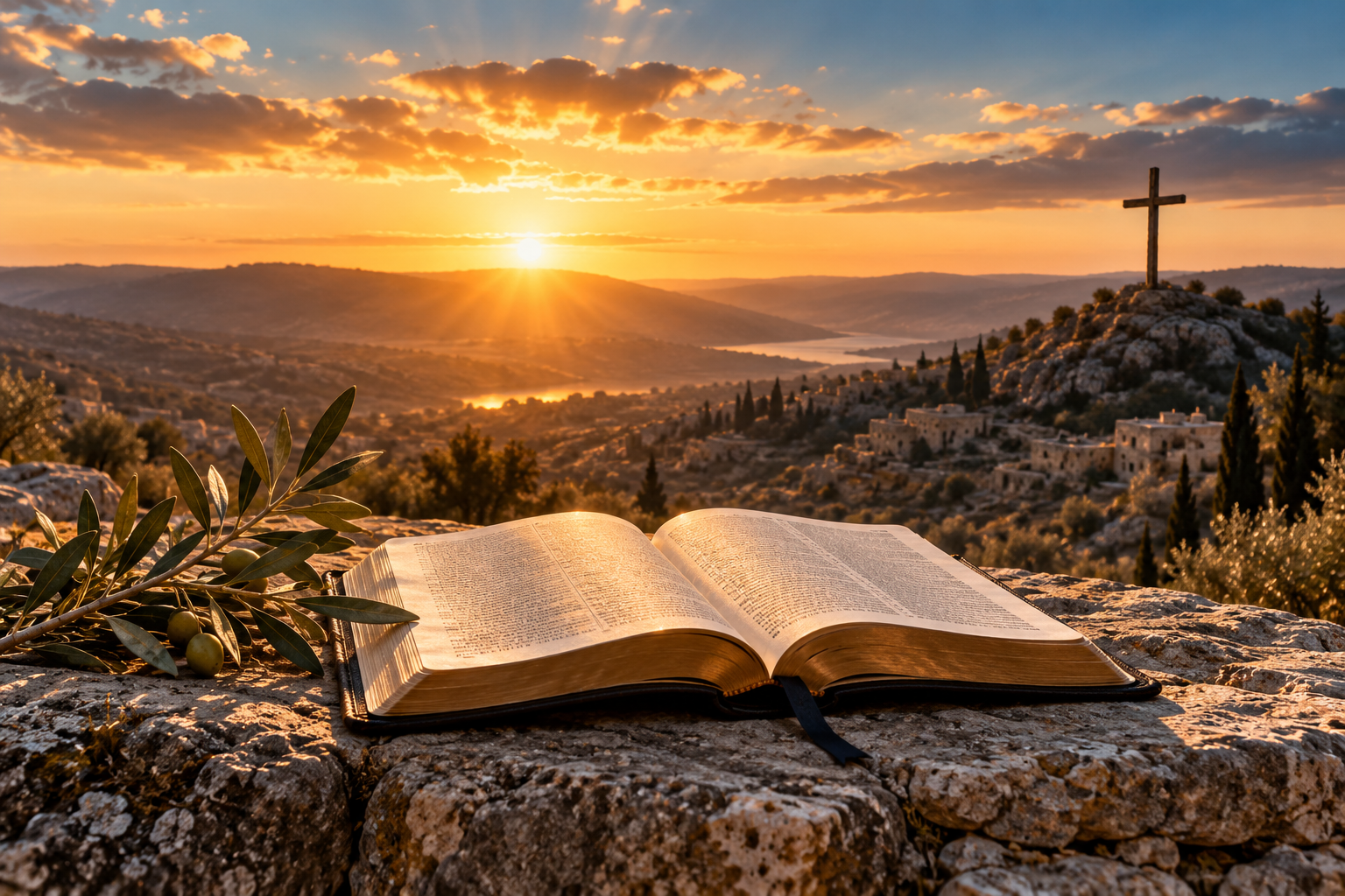 Biblical illustration of an open Bible and olive branch overlooking sunlit hills with a wooden cross